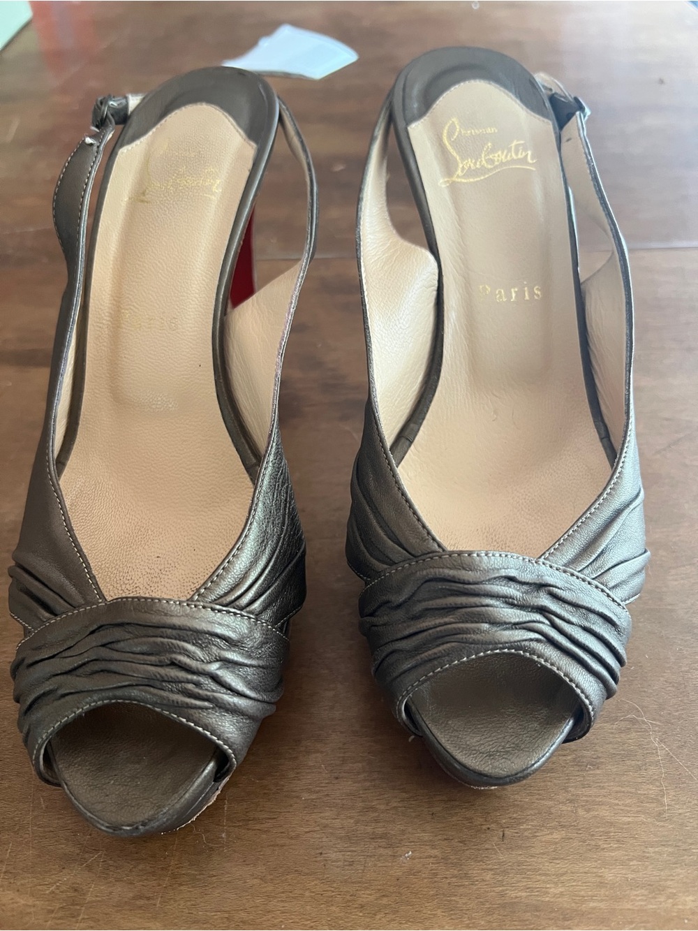 Christian Louboutin Metallic Pewter Ruched Slingback Peep-Toe Heels